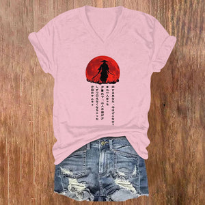 Japanese Samurai Casual Print V-neck T-shirt