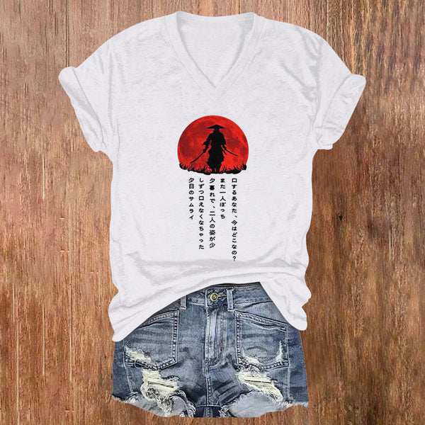 Japanese Samurai Casual Print V-neck T-shirt