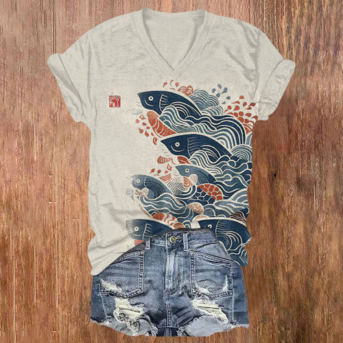 Japanese Art Carp Print Casual  V-neck T-shirt