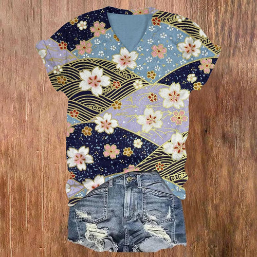 Japanese Art Print Short Sleeve V-neck T-shirt