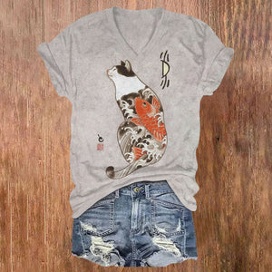 Japanese Cat Short Sleeve V-neck T-shirt