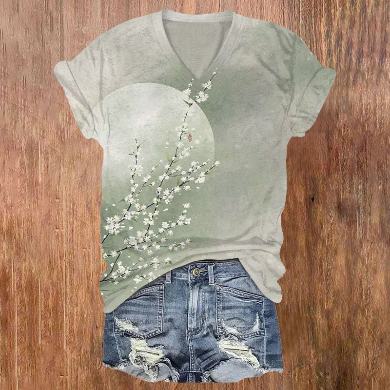 Vintage Japanese Art Floral V-neck T-shirt