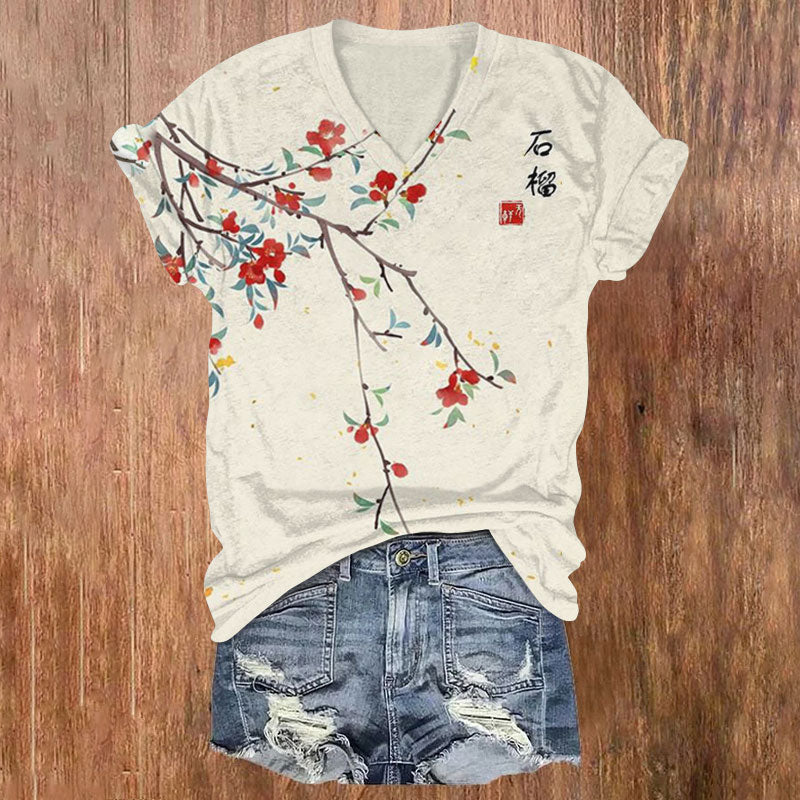 Japanese Art Floral Vintage  V-Neck T-Shirt