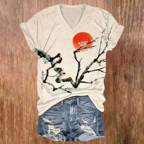 Vintage Japanese Art Sunrise Printed  V-Neck T-Shirt