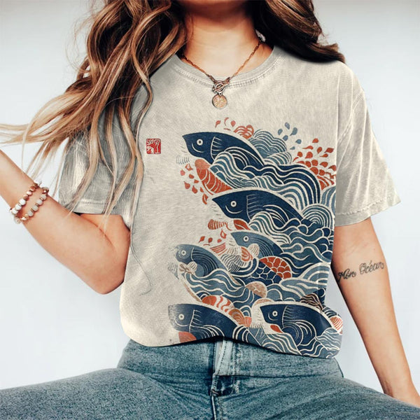 Japanese Art Carp Print Casual Round Neck T-shirt