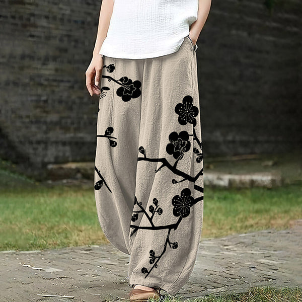 Japanese Women's Sakura Art Ink And Wash Loose Casual Pants