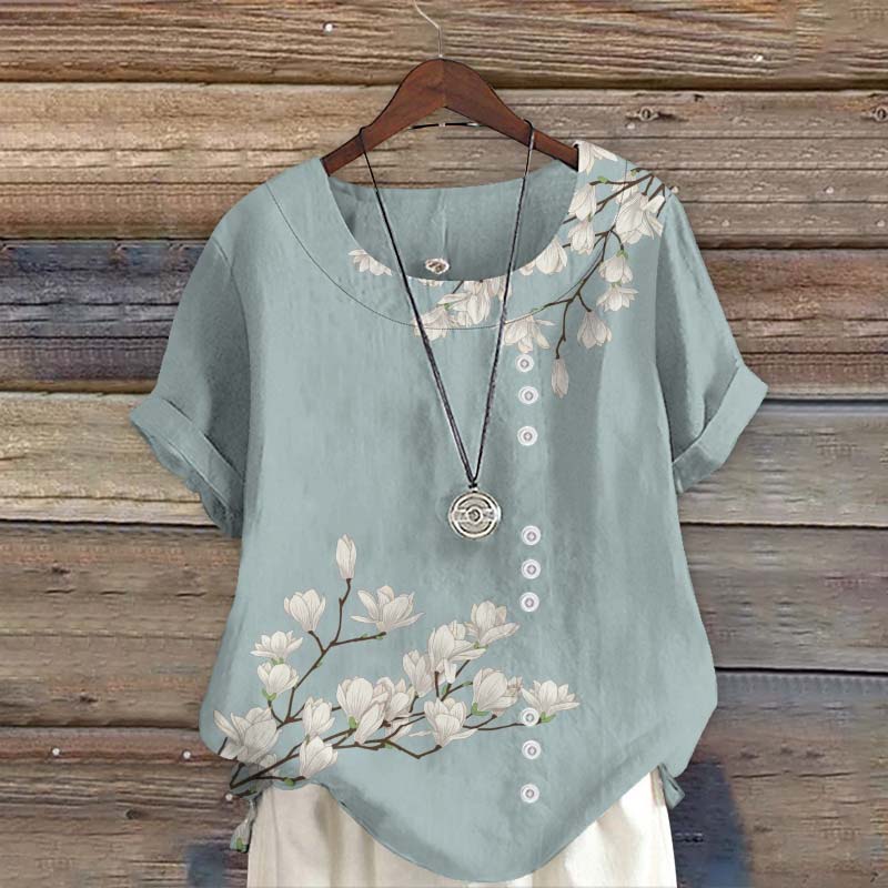 Vintage Floral Art Print Short Sleeve Blouse