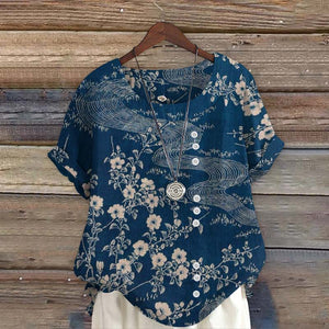 Antique Japanese Style Floral Art Print Short Sleeve Blouse