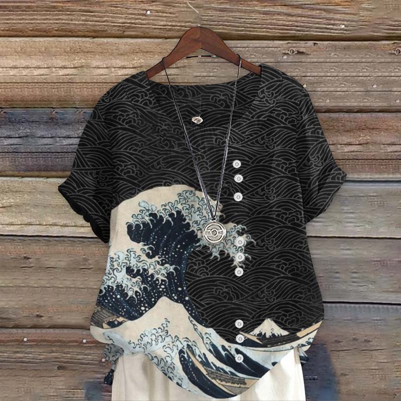 Japanese Wave Inspired Graphic Print Short Sleeve Blouse