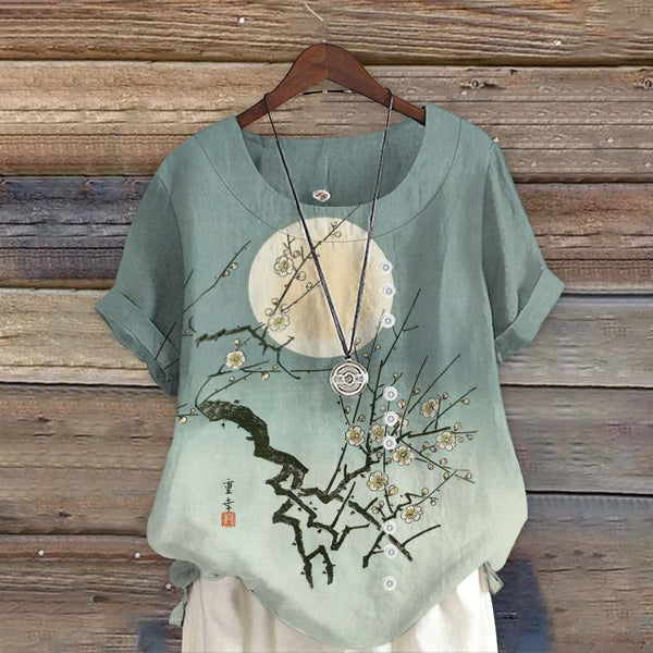 Plum Blossom Full Moon Night Gradient Japanese Art Print Short Sleeve Blouse