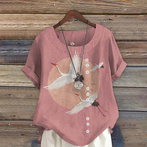 Flying Cranes Japanese Art Print Short Sleeve Blouse