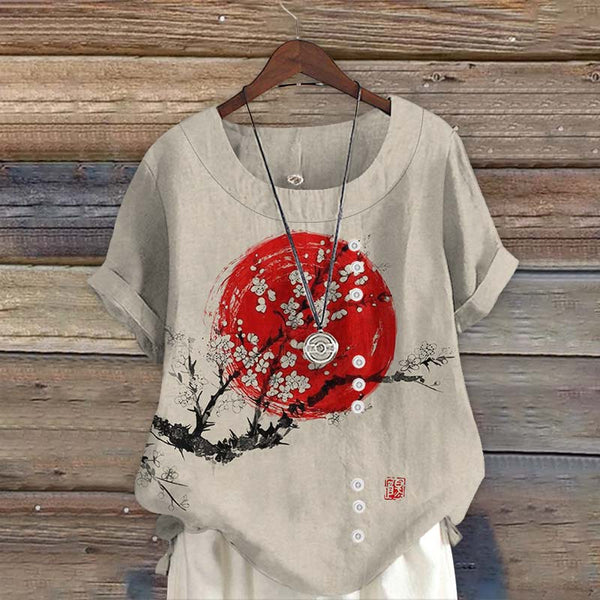 Sunrise Plum Blossom Japanese Art Print Short Sleeve Blouse