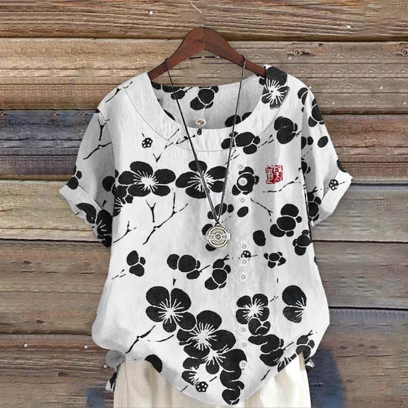 Vintage Cherry Blossom Japanese Lino Art Print Short Sleeve Blouse