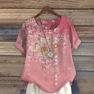 Cherry Blossom Full Moon Japanese Art Print Short Sleeve Blouse