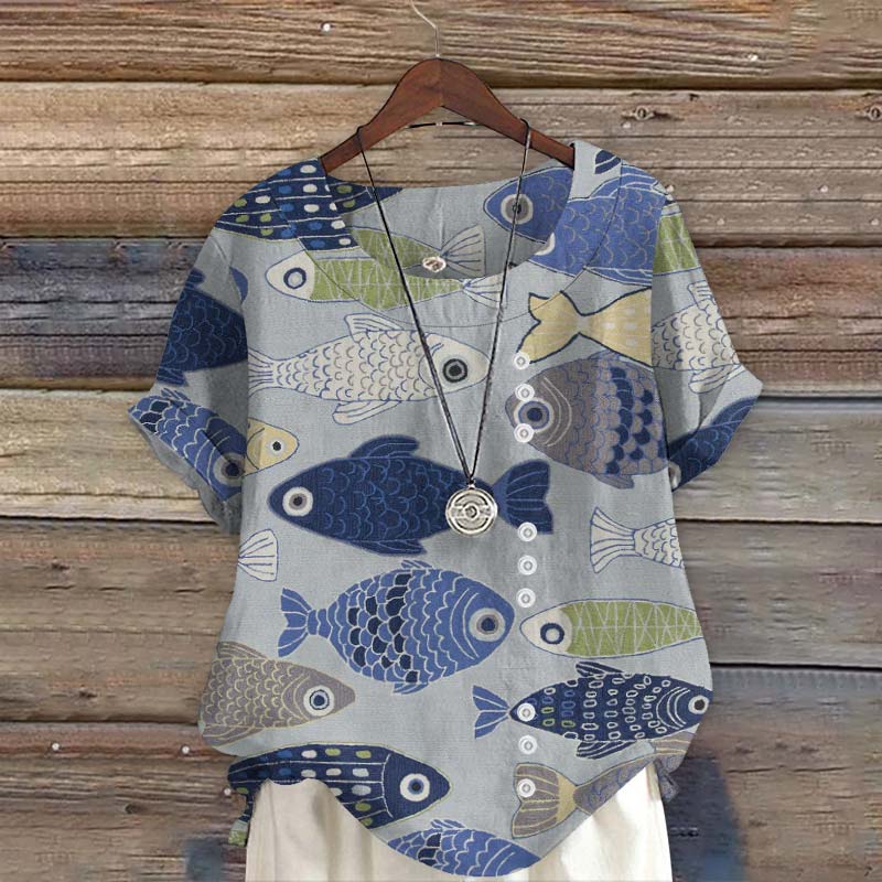 Vintage Fish Japanese Art Print Short Sleeve Blouse