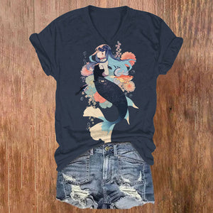 Japanese Underwater World Mermaid Print V-neck T-shirt