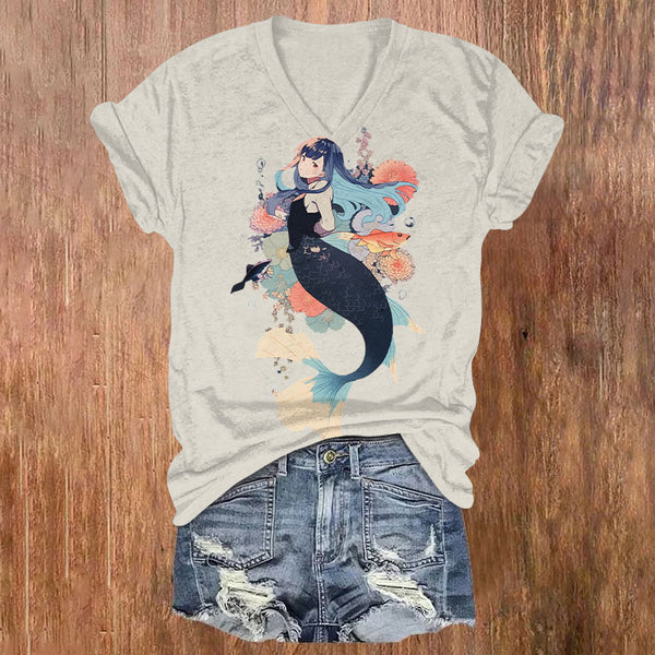 Japanese Underwater World Mermaid Print V-neck T-shirt