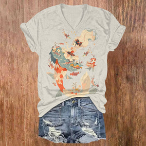 Japanese Beautiful Mermaid And Fish Print V-neck T-shirt