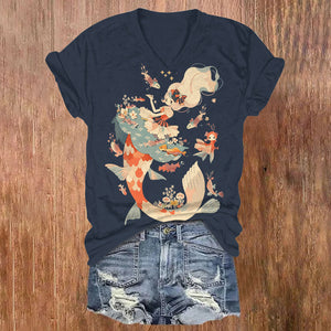 Japanese Beautiful Mermaid And Fish Print V-neck T-shirt