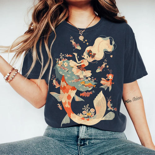 Japanese Beautiful Mermaid And Fish Round Neck T-shirt