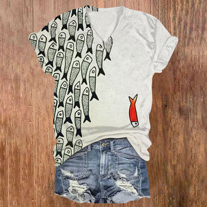 Cute Simple Lines Abstract Geometric Fish Art Print V-neck T-shirt