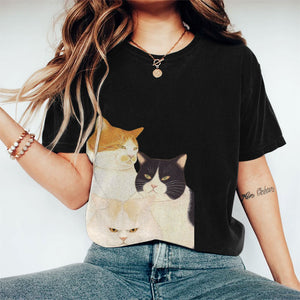 100% Cotton Japanese Three Angry Cats Print T-shirt