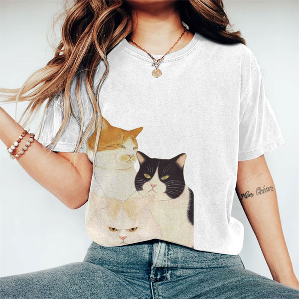 100% Cotton Japanese Three Angry Cats Print T-shirt