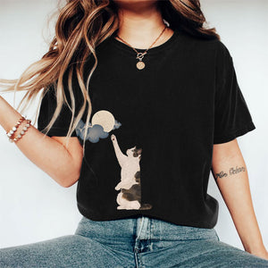 100% Cotton Japanese Cat Scratched Moon Print T-shirt