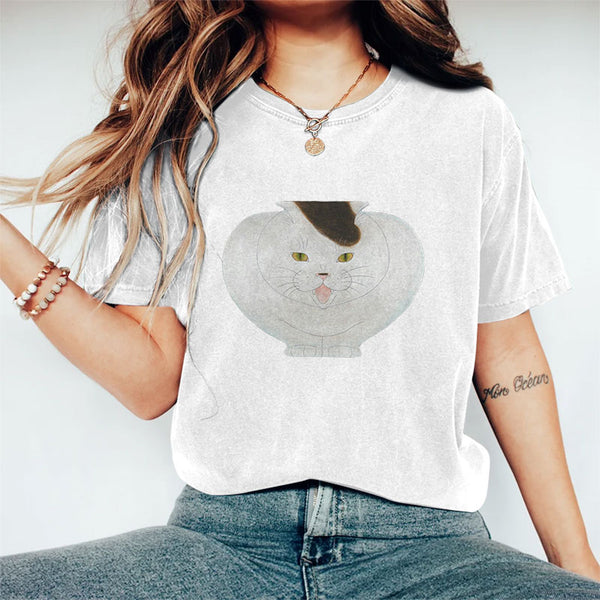 100% Cotton Japanese Funny Vase Cat Print T-shirt