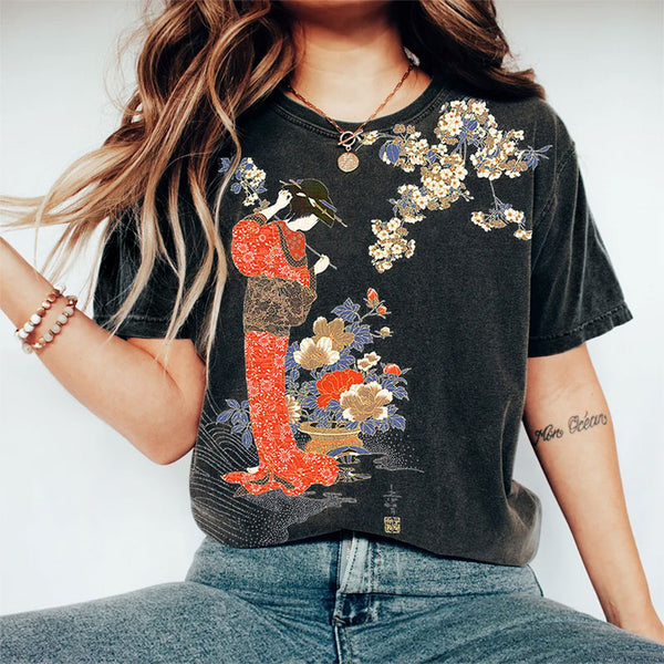 Elegant Japanese Geisha With Flowers Art Print T-shirt