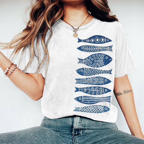 Fish Japanese Lino Art Print Crew Neck T-shirt