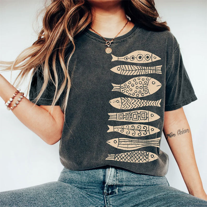 Fish Japanese Lino Art Print Crew Neck T-shirt