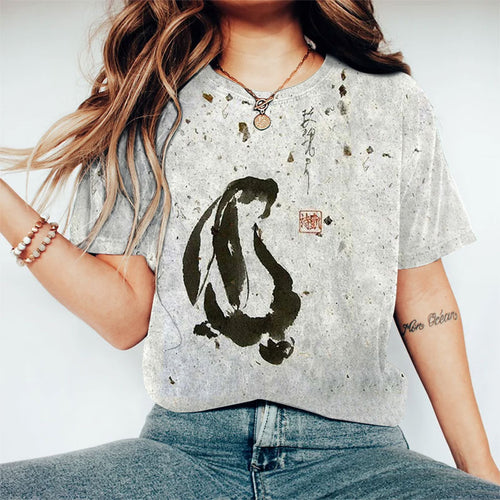 Ink Painting Rabbit Print Crew Neck T-shirt