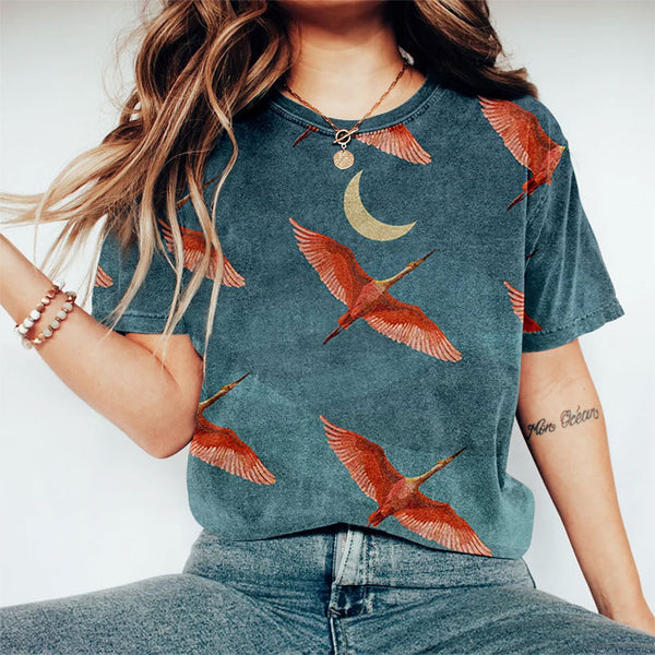 Japanese Crane And Moon Print Casual Crew Neck T-shirt