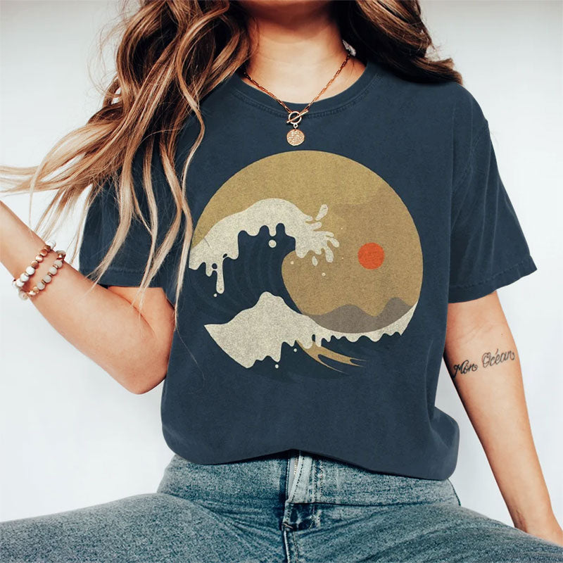 Ocean Landscape Japanese Art Print Casual Crew Neck T-shirt