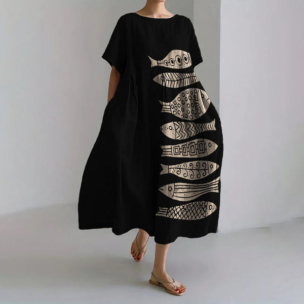 Fish Japanese Lino Art Print Loose Short-sleeved Dress