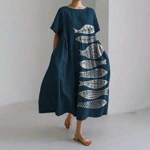 Fish Japanese Lino Art Print Loose Short-sleeved Dress