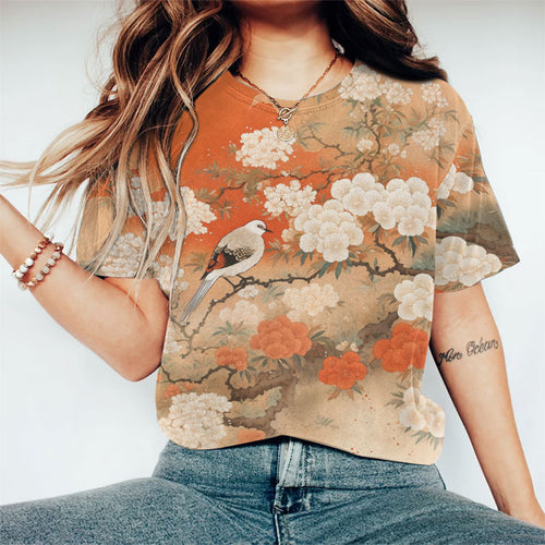 Japanese Bird And Flower Printed Casual Crew Neck T-shirt