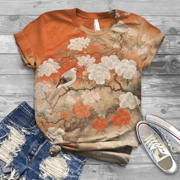 Japanese Bird And Flower Printed Casual Crew Neck T-shirt