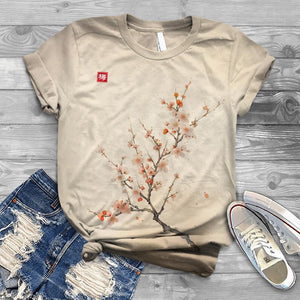 Japanese Plum Blossom Printed Casual Crew Neck T-shirt