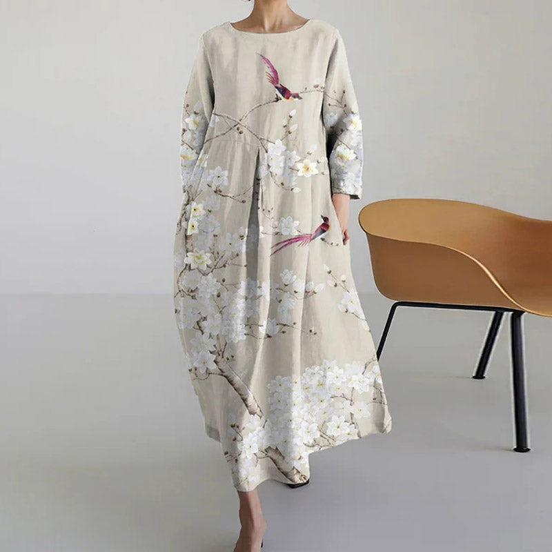 Japanese Art Retro Flower And Bird Ink Painting Print Crew Neck Dress