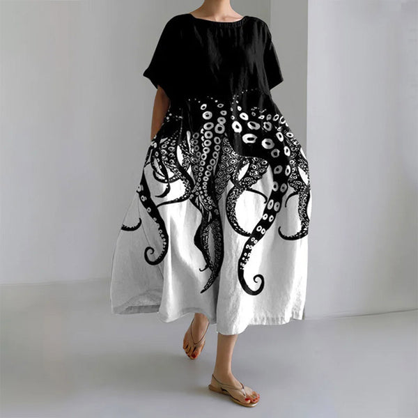 Japanese Contrast Octopus Tentacle Print Crew Neck Midi Dress