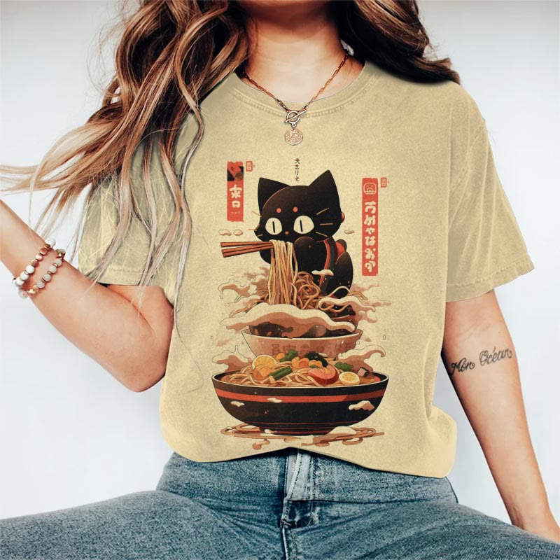 Japanese Ramen Cartoon Cat Print Crew Neck T-shirt