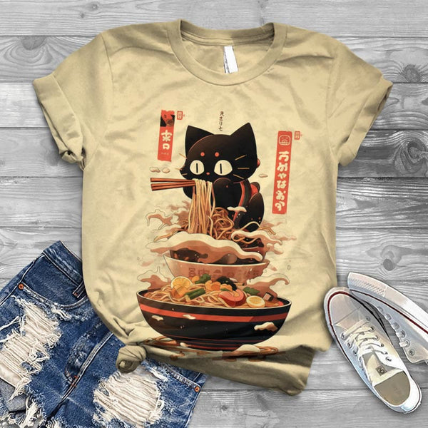 Japanese Ramen Cartoon Cat Print Crew Neck T-shirt