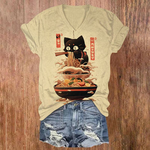 Japanese Ramen Cartoon Cat Print Casual V-neck T-shirt