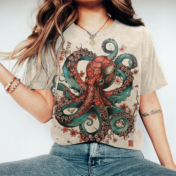 Women's Casual Japanese Retro Octopus Sakura Art Print Crew Neck T-shirt