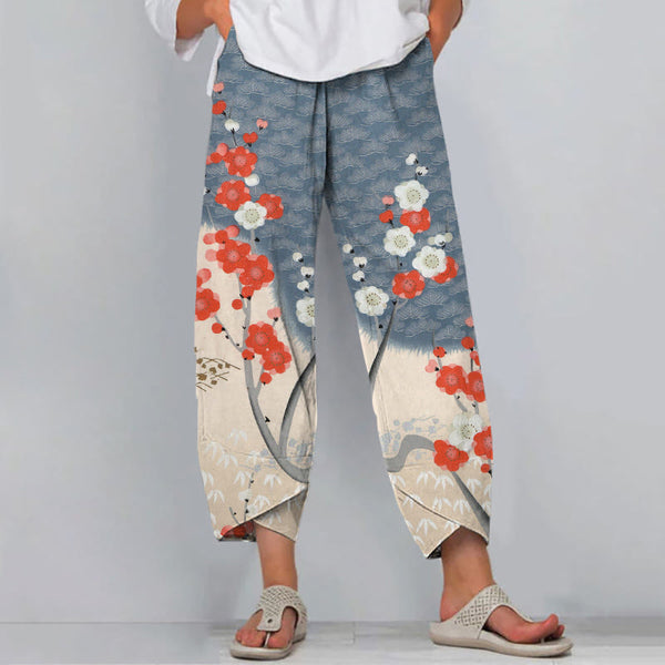 Japanese Art Cherry Blossom Print Casual Pants