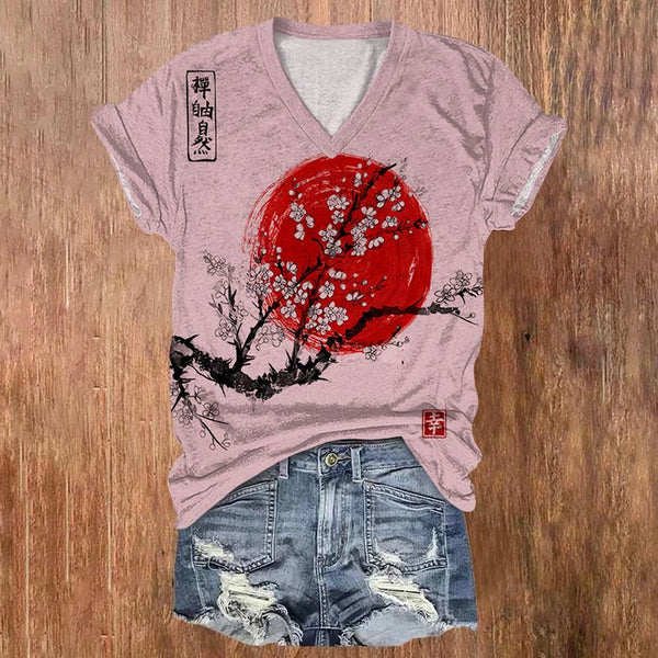 Women's Sunrise Japanese Art Print Casual V-neck T-shirt