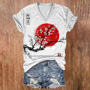 Women's Sunrise Japanese Art Print Casual V-neck T-shirt