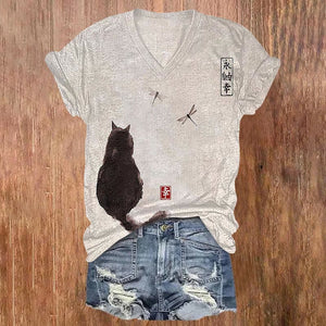 Ink Painting Black Cat Japanese Art Print Casual V-neck T-shirt